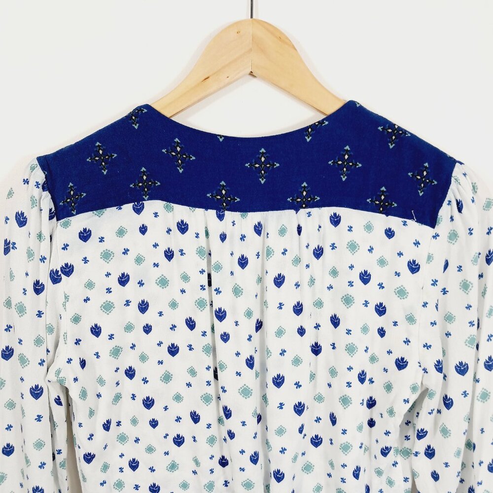 Free People Top, Size S, Wrap Front, Long Sleeve, White/Blue, Smocking, Boho - Picture 8 of 15
